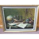 An oil of model ship, globe plus other exploring items,