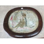 An unusual late 18th Century oval silkwork picture of a monkey and child in forest setting in oak