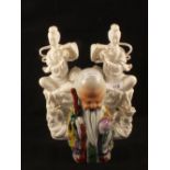 A pair of Chinese Blanc de Chino Kwan Yin figures plus a polychrome Shou Lao