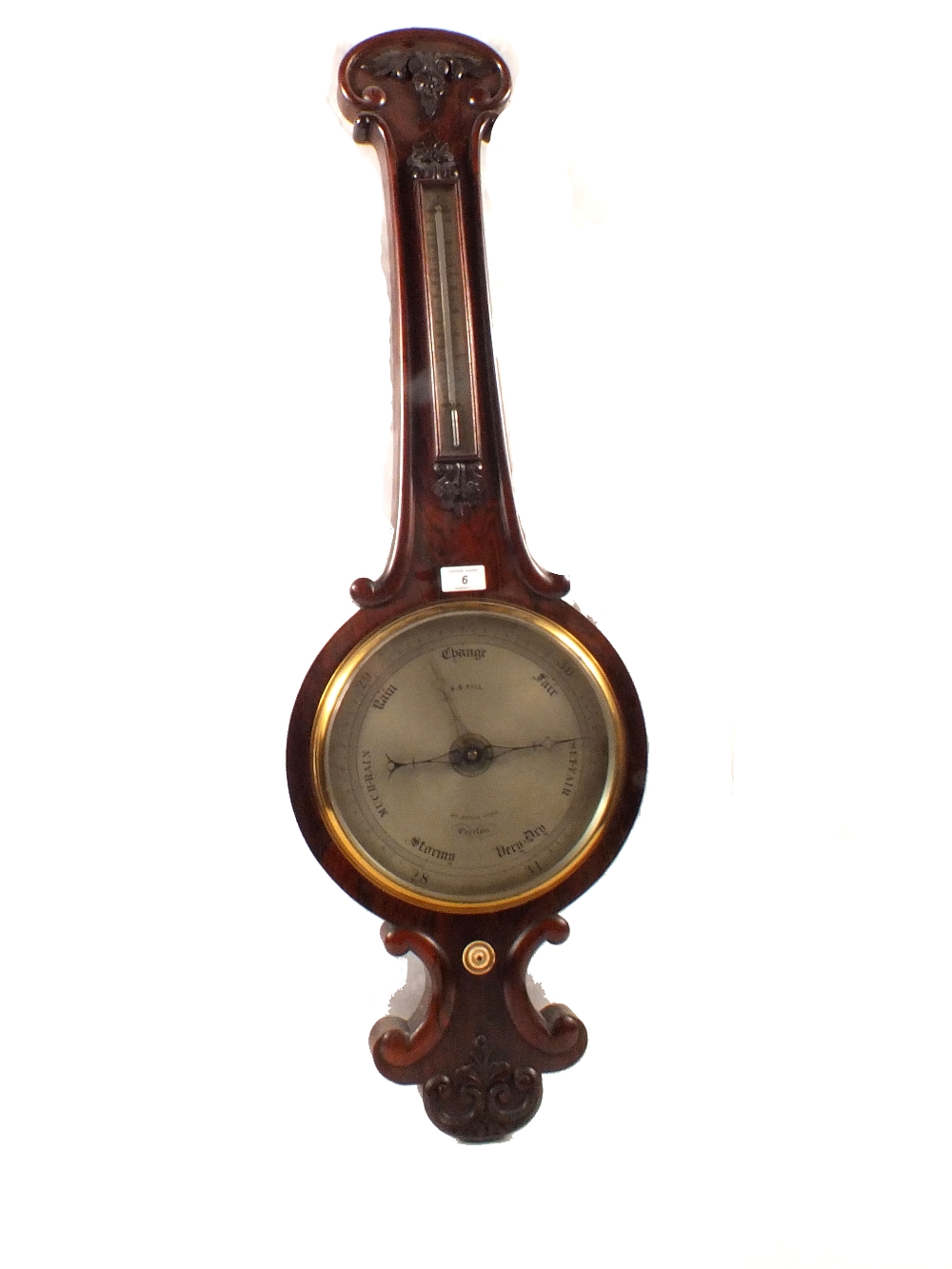 A 19th Century mercury banjo barometer in leaf carved rosewood case, signed H.B.