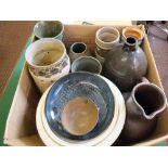 A Brannam green glazed vase plus Studio pottery and stoneware (two boxes)