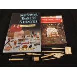 Bone and ivory needlework items, tatting shuttle, three hooks, five stilettos,