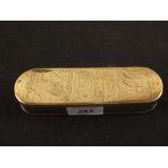 An 18th Century Dutch brass tobacco box of rounded rectangular form engraved with biblical scenes