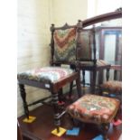 A 19th Century mahogany dining chair and a small cabriole leg stool with bird tapestry upholstery