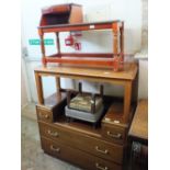 A mahogany effect dressing table, a telephone table, a folding table,