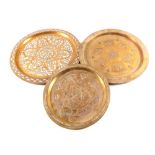 Three Damascus brass dishes with silver and copper inlays