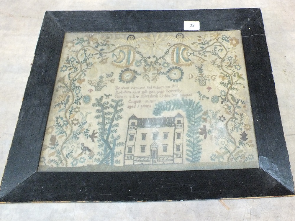 A 19th Century needlework house, tree and floral sampler by Elizabeth Gibbs, aged 9 years, 1817,