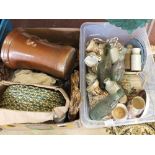 A Lipscombe stoneware water filter (as found) plus china and linen etc (two boxes)