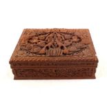 An Indian bird and floral carved box plus a straw filled bear