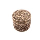 A Chinese circular white metal box with bird, floral and dragon decoration,