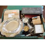 A box of various silver plate and pewter