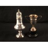 A silver sugar shaker, Birmingham 1908 plus a trophy cup,