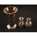Two silver and white metal overlaid scent bottles (no stoppers) plus one white metal overlaid vase