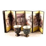 A pair of cloisonne on porcelain floral cups plus a small folding screen