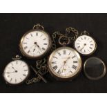 Two silver pocket watches plus three fob watches