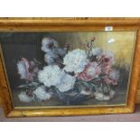 Marion Broom, watercolour of a bowl of flowers in maple frame,