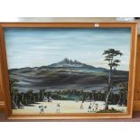 An African oil on canvas of a mountain and river scene with figures, signed M.D.