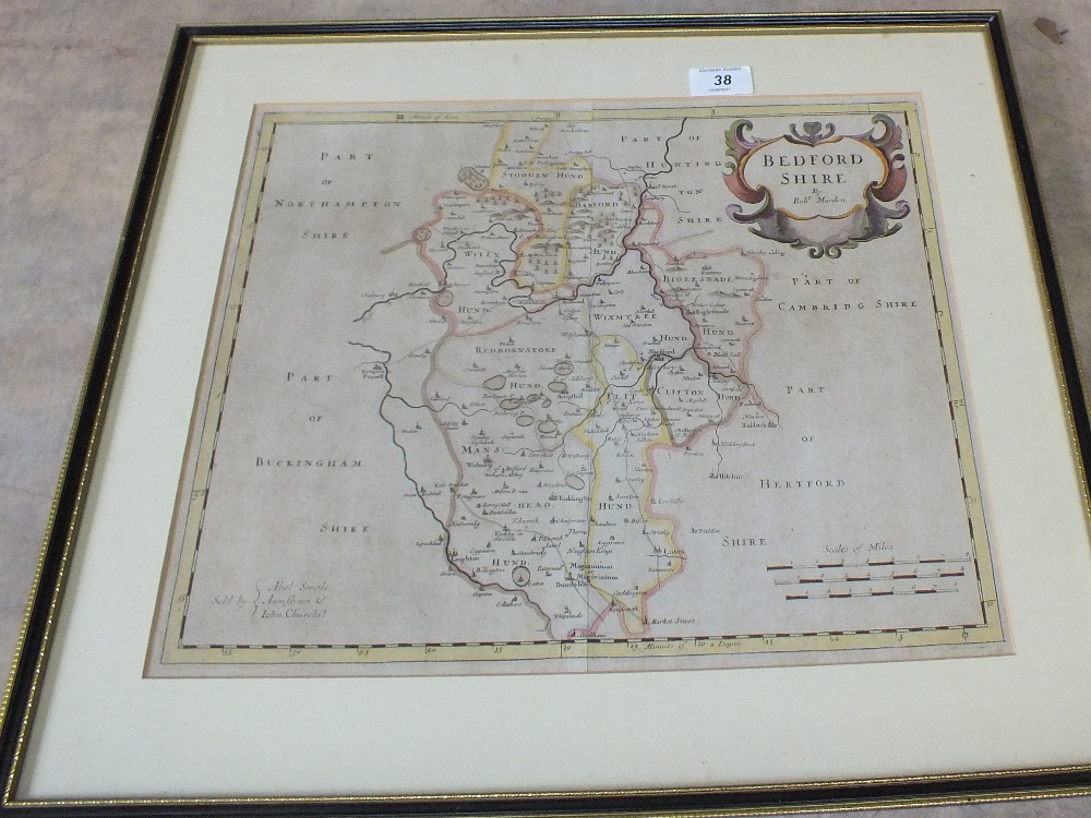 A Robert Morden outline coloured map of Bedfordshire
