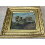 An oil on board of a church and country lane,