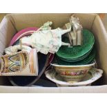 China to include comport set, Victorian vases, green leaf plates,
