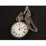 A silver watch chain with clip and t-bar with an Ingersoll pocket watch