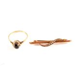 A 9ct gold ring plus a pearl set bar brooch