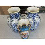 A 19th Century Paris floral vase plus a pair of Sarreguemines blue floral vases (cracked)