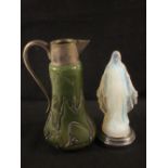 An Etling opal glass figure of Christ (chipped fingers) plus an Art Glass claret jug