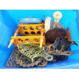Various wooden and metal sundries including a trug, candlesticks,
