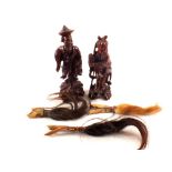 Two Chinese hardwood carvings of Sages and Artisans plus three African beaded hooves