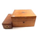 A Victorian oak sewing box with recessed brass handles plus a wooden file box