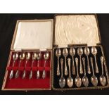 Two cases of six and twelve silver coffee spoons