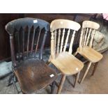 An elm seat stick back chair plus two others
