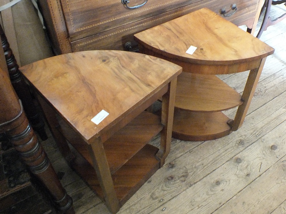 An iron bound chest plus four little walnut tables