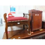 A mahogany single door medicine cabinet plus an oak piano stool