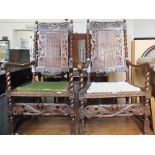 A set of six Victorian Carolean style carved oak chairs plus two carvers with non-matching carving