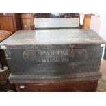 A Victorian stained pine blanket chest inscribed 'Pay Office 2/3 Mon Batt,