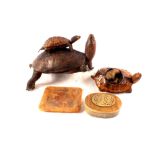 Three stuffed tortoises plus a tortoiseshell box
