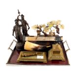 A pair of spelter knights, brass desk stand,