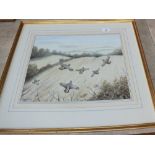 A Simon Trinder watercolour 'English Partridges in Flight', signed lower left,