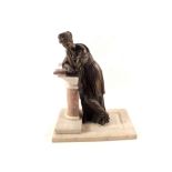 A bronzed figure of a pensive lady leaning on a variegate marble column,