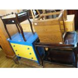 A blue and yellow painted chest of three long drawers, an Edwardian piano stool,