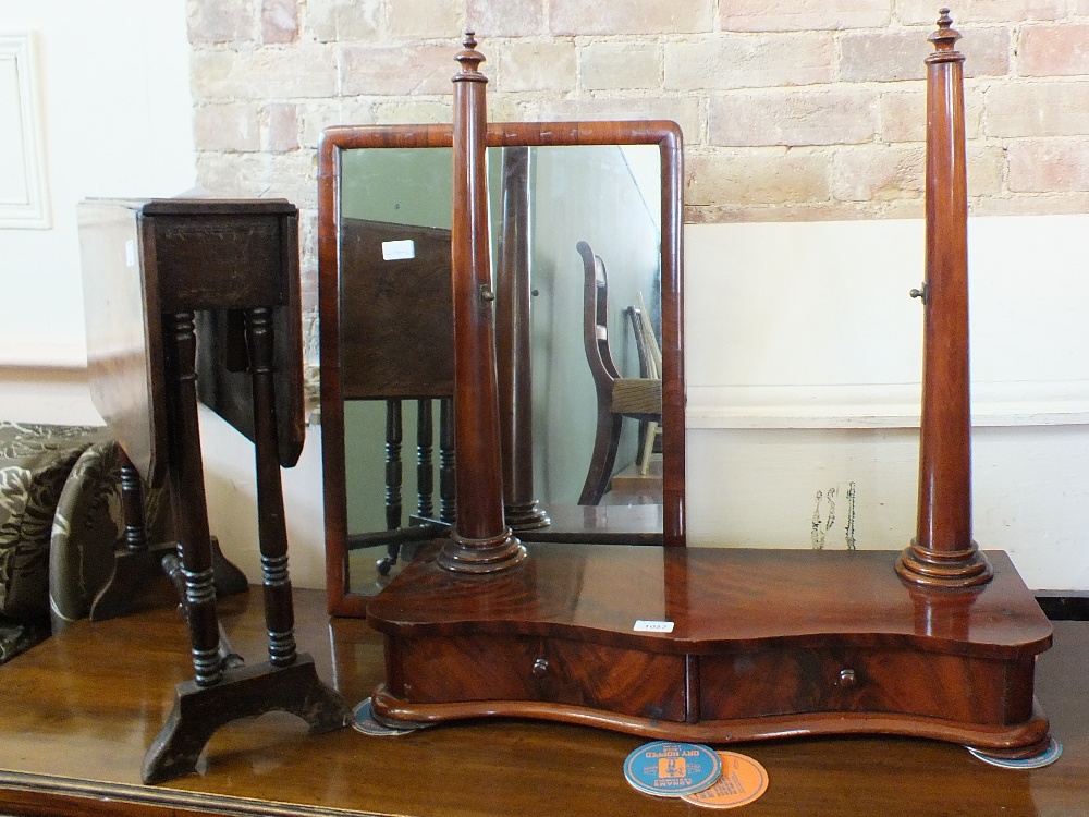 A Victorian mahogany swing toilet mirror and small Sutherland table