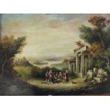 An oil on metal of a ruined temple and figures, signed R.