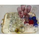 Drinking glasses to include cut glass highballs plus coloured items etc (two trays)