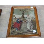 Two Victorian maple framed woolwork pictures of a religious scene and floral