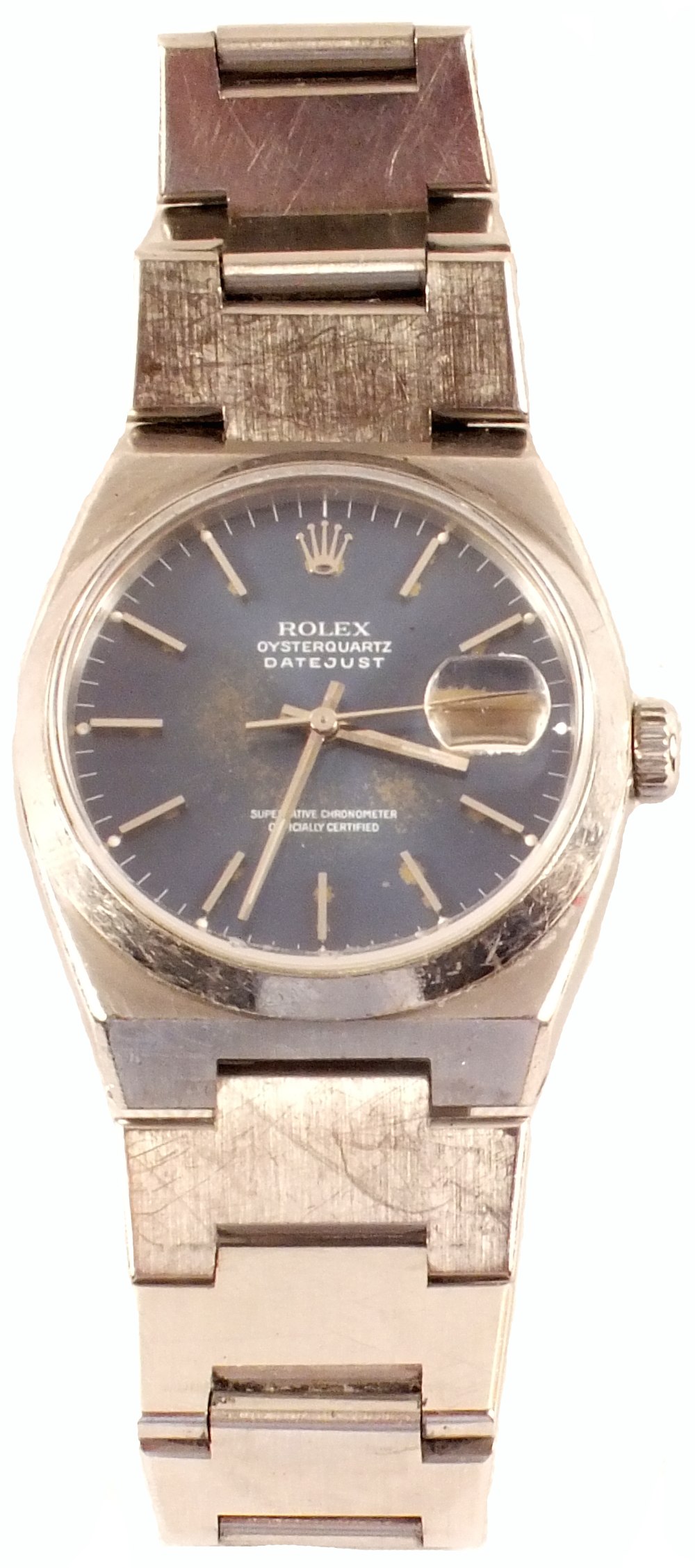 A gents Rolex stainless steel Oyster Quartz DateJust Superlative Chronometer with blue dial,