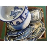 Various blue and white china including Victorian meat plates,