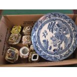 Various Japanese jam pots plus English Willow pattern china