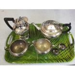 Four pieces of silver plate plus two silver salts